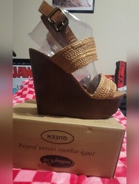 Tan Braided Strap Platform Wedge Sandals